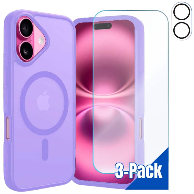 Entronix - 3-in-1 Bundle Compatible with iPhone 16 - Magnetic Translucent Matte Case, Screen & Camera Lens Protectors - Purple