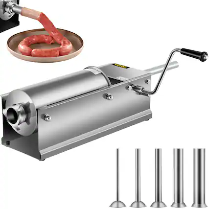 Front. VEVOR - Manual Sausage Stuffer, 5 L / 11 LBS Horizontal Sausage Machine, Dual-Speed Meat Stuffer, Made of Food-Grade - Silver.
