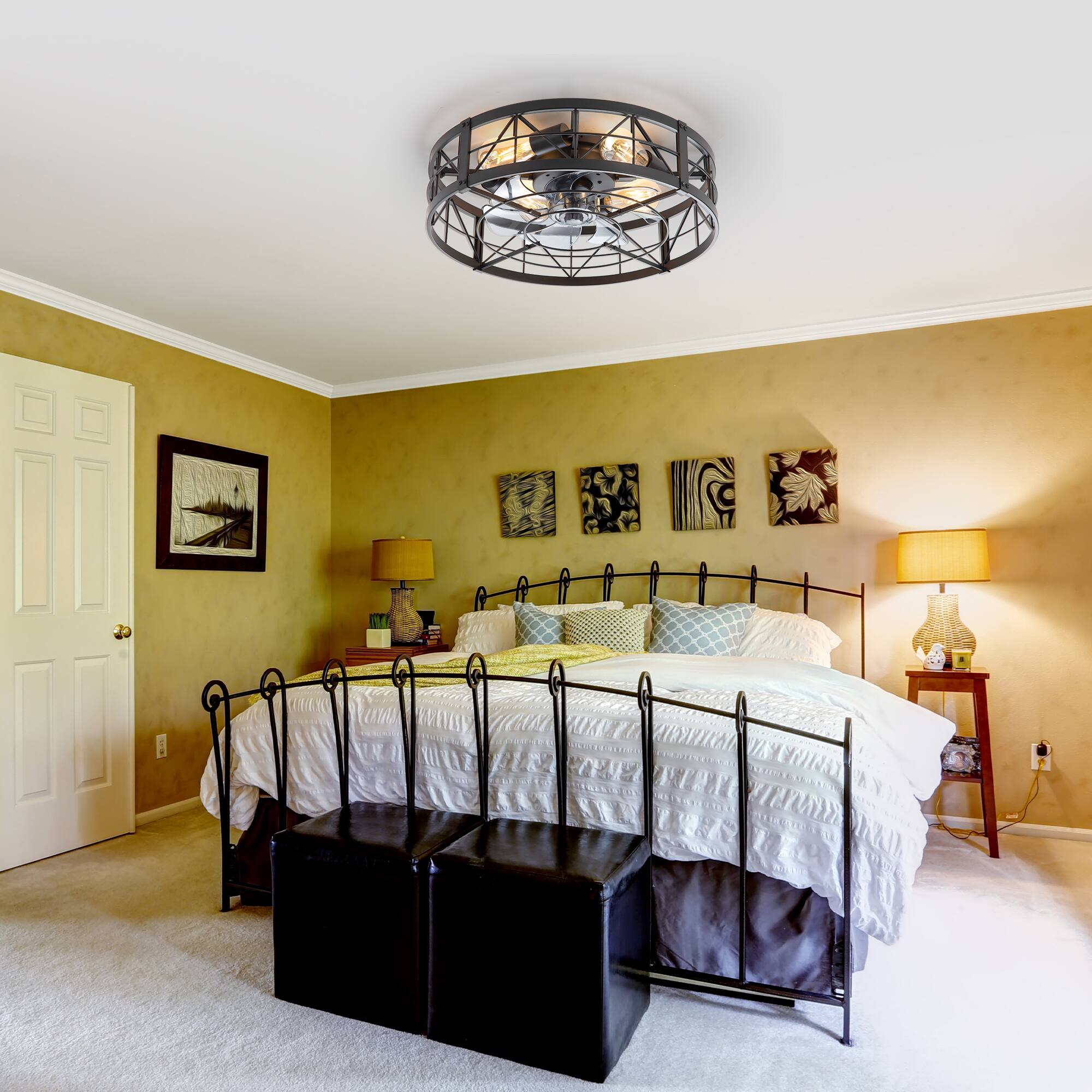 Alt View 2. Breezary - 20" Low Profile Caged Ceiling Fan with Remote, 7 ABS Blades, 6 Speeds DC Motor, 4×E26 Lights, Timer - Matte Black.