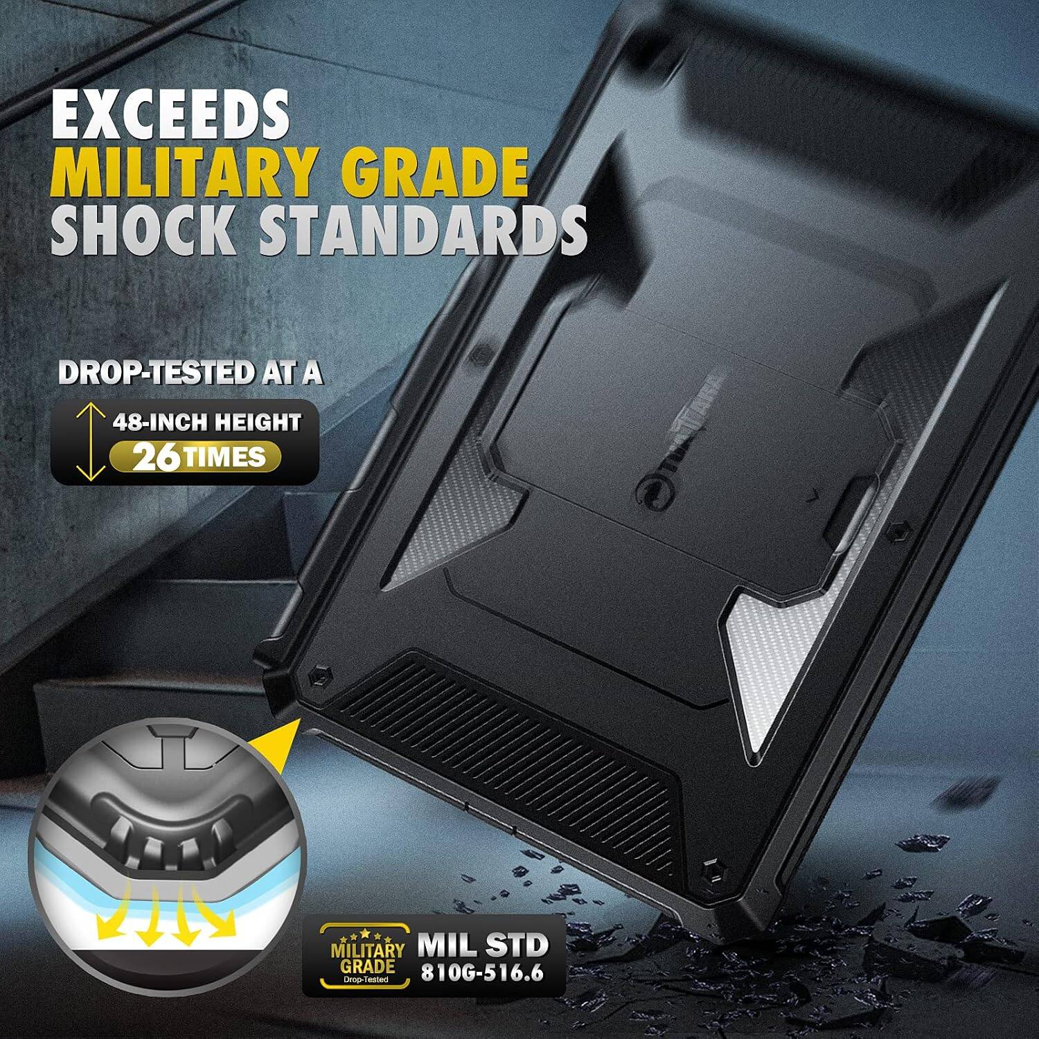 EXCEEDS MILITARY GRADE SHOCK STANDARDS

DROP-TESTED AT A 48-INCH HEIGHT 26 TIMES

MILITARY MIL STD GRADE 810G-516.6 Drop-Tested