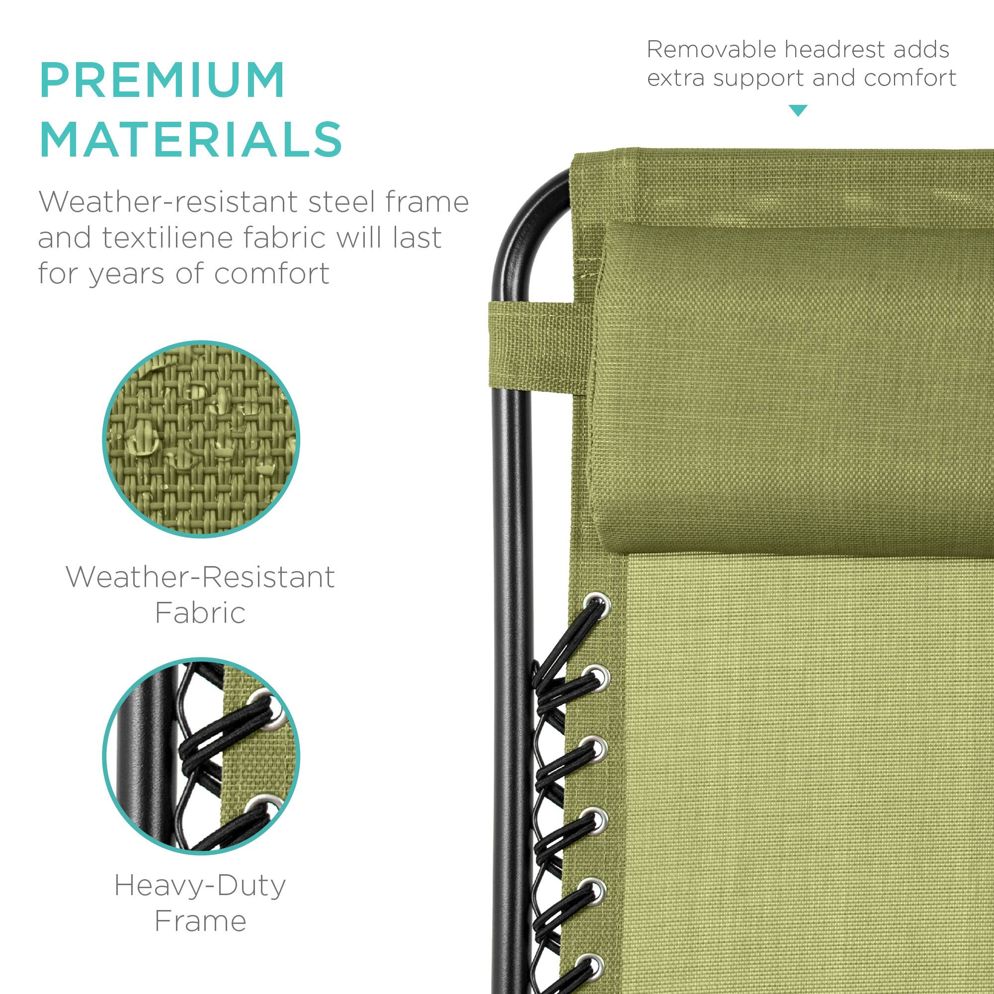 **PREMIUM MATERIALS**

- Weather-resistant steel frame and textilene fabric will last for years of comfort
- Removable headrest adds extra support and comfort
- Weather-Resistant Fabric
- Heavy-Duty Frame