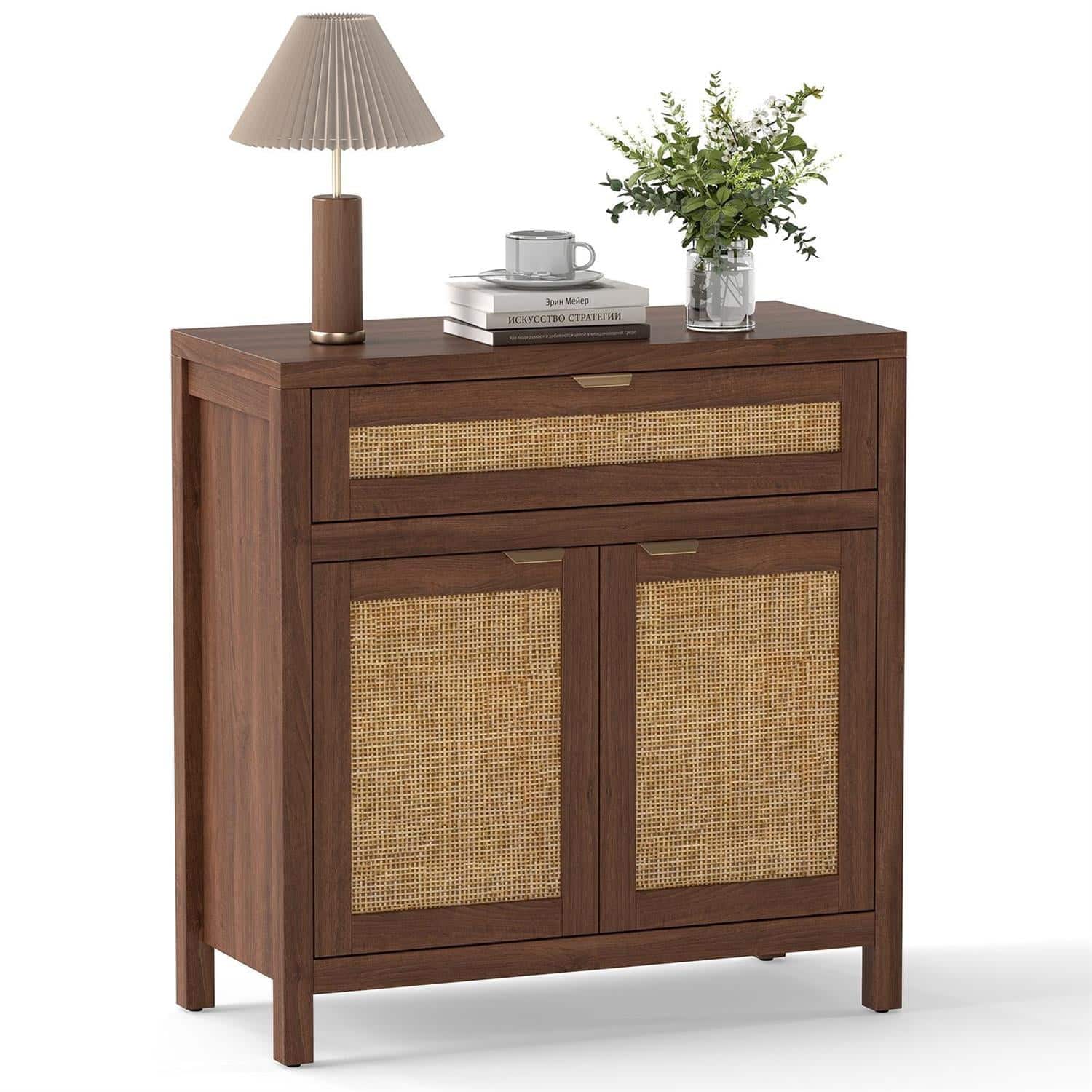 Pefilos - Rattan Sideboard Cabinet,2-Door 1 Drawer,Adjustable Shelf Anti-Tip - Brown