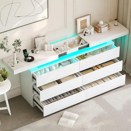 Front. Vipbear - Vipbear modern 6-drawer dressing table - storage cabinet with LED lights, top sliding storage, bedroom, living room - White.