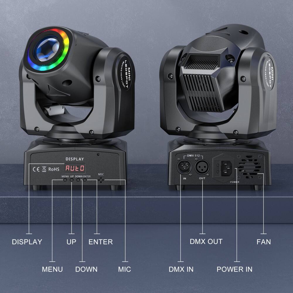 Sure, here is the corrected and grouped text from the image:

**Left Side:**
- LEDSPOT MINI
- DISPLAY
- CE RoHS
- MENU UP DOWN ENTER
- MIC
- DISPLAY UP ENTER
- DMX OUT
- FAN
- MENU DOWN MIC
- DMX IN
- POWER IN

**Right Side:**
- LEDSPOT MINI
- DISPLAY
- CE RoHS
- MENU UP DOWN ENTER
- MIC
- DISPLAY UP ENTER
- DMX OUT
- FAN
- MENU DOWN MIC
- DMX IN
- POWER IN