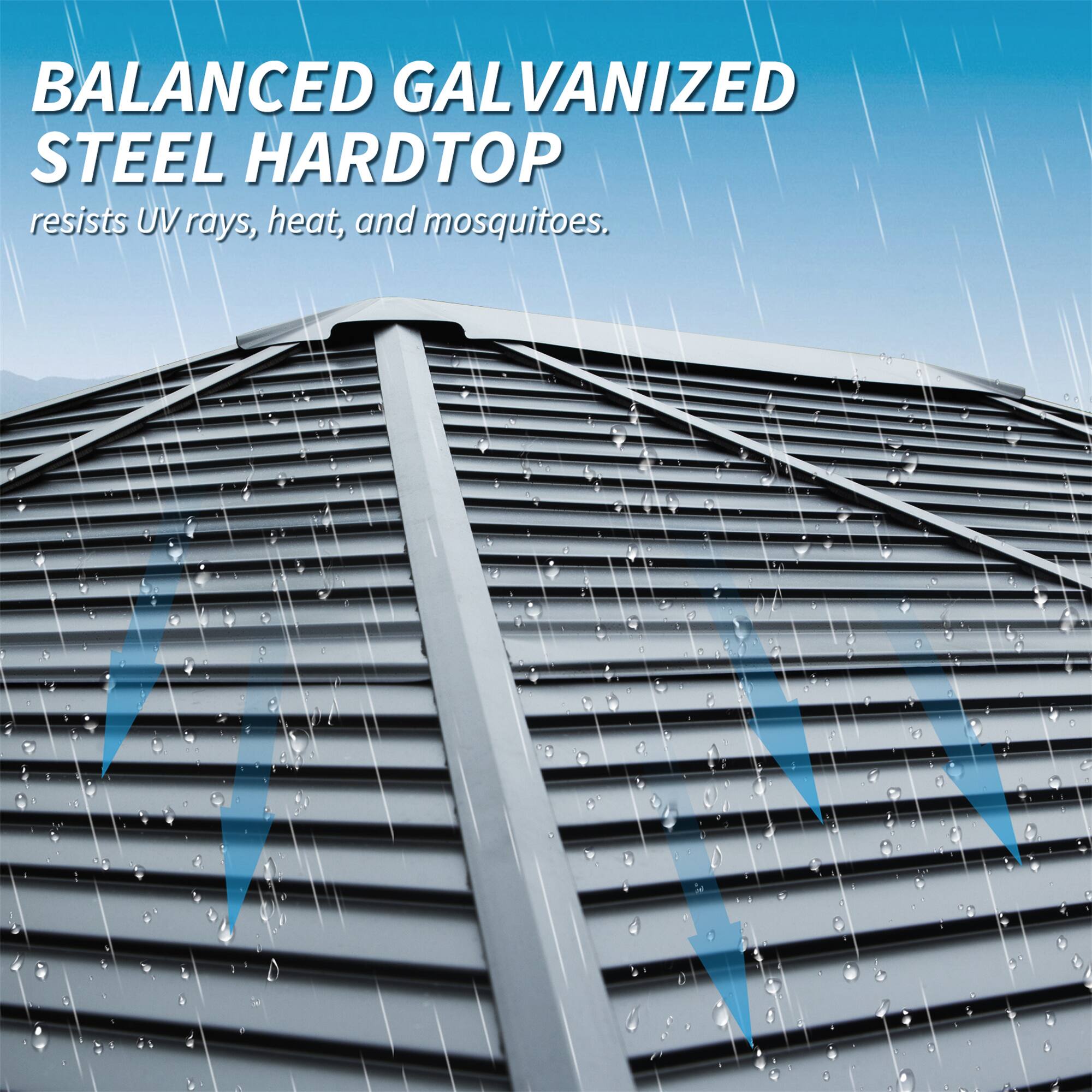 BALANCED GALVANIZED STEEL HARDTOP  
resists UV rays, heat, and mosquitoes.