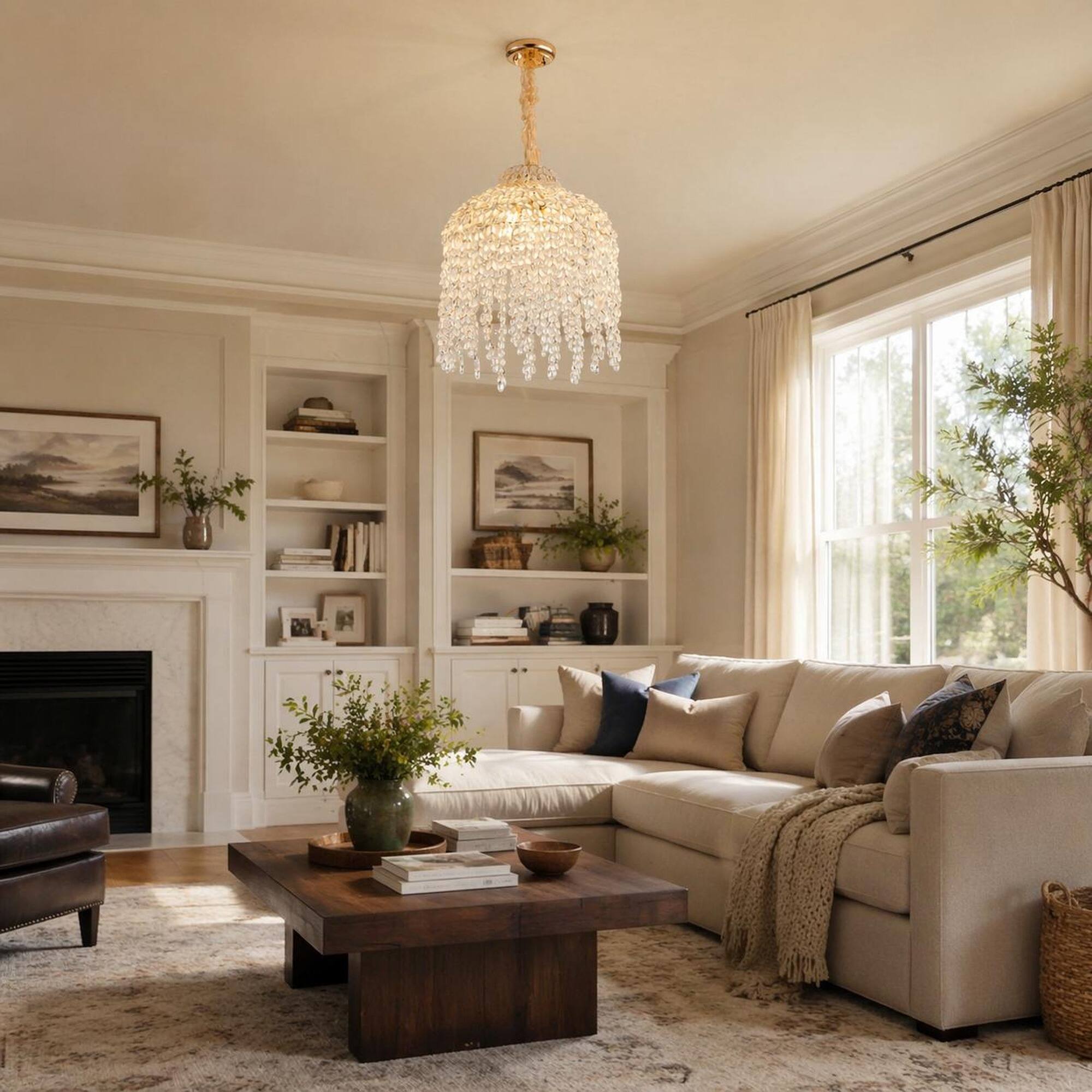 Angle. RYHNUYNE - Elegant 16-Inch 5-Light Gold Crystal Chandelier with Cascading Grape Beads – Adjustable Ceiling Pendant.