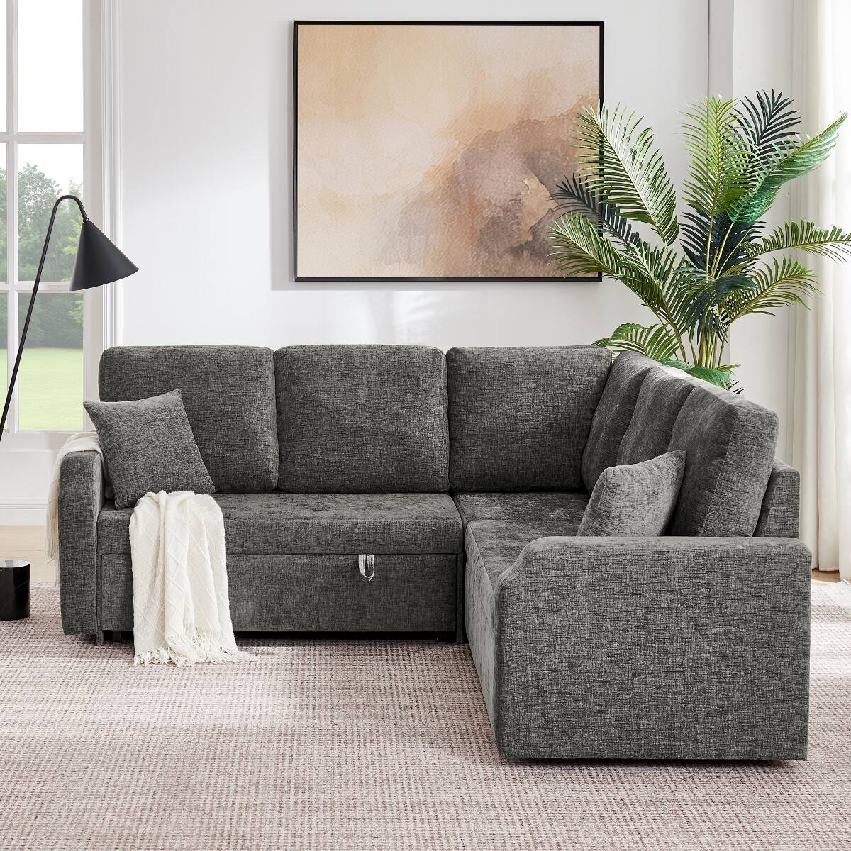 Alt View 1. Ropilly - Ropilly Dark Grey Modular Sectional Sleeper Sofa, 5 Seat L Shaped Sectional with Pull Out Bed - Dark Grey.