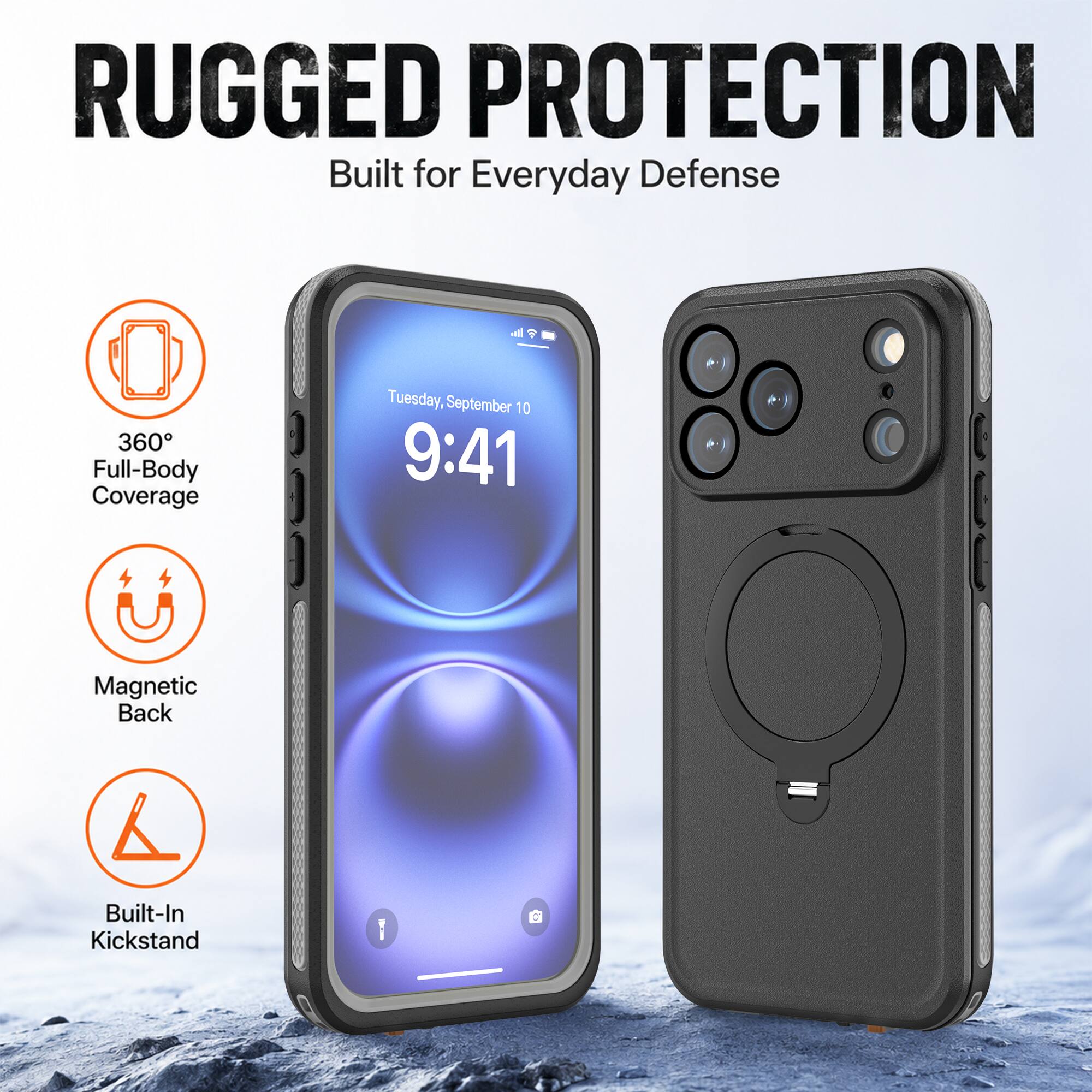 RUGGED PROTECTION  
Built for Everyday Defense

- 360° Full-Body Coverage
- Magnetic Back
- Built-In Kickstand