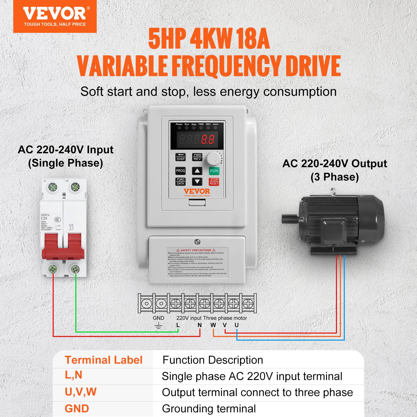 VEVOR TOUGH TOOLS, HALF PRICE  
5HP 4KW 18A VARIABLE FREQUENCY DRIVE  
Soft start and stop, less energy consumption  

AC 220-240V Input (Single Phase)  
AC 220-240V Output (3 Phase)  

Terminal Label | Function Description  
--- | ---  
L, N | Single phase AC 220V input terminal  
U, V, W | Output terminal connect to three phase  
GND | Grounding terminal  

VEVOR  
TOUGH TOOLS, HALF PRICE  

88 FWO DISP REV PROG RUN FUNC STOP DATA 15239 VEVOR YOUGH 100% TALT not  
OEATs C25 IN 400% BORA - CHIPACE: 4 - 0018 -  

SAFEET PRECAUTIONS - - - of -  
TO  
aoym  
- - - puras makere  
- 1,  
- - - -