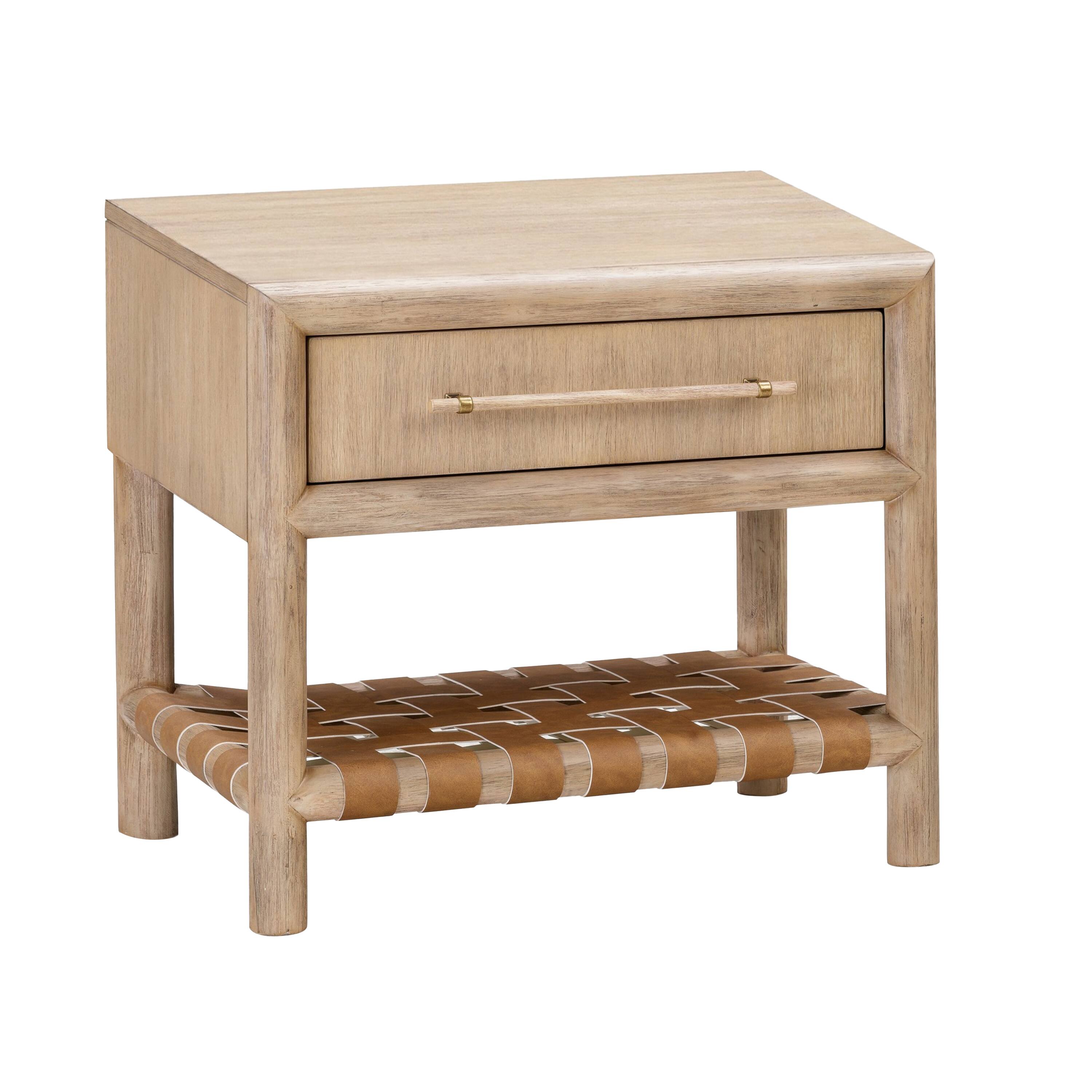 Front. Manhattan Lane - Dory 26 Inch Nightstand, 1 Drawer, Open Shelf, USB Charge Port,  Wood - Brown.
