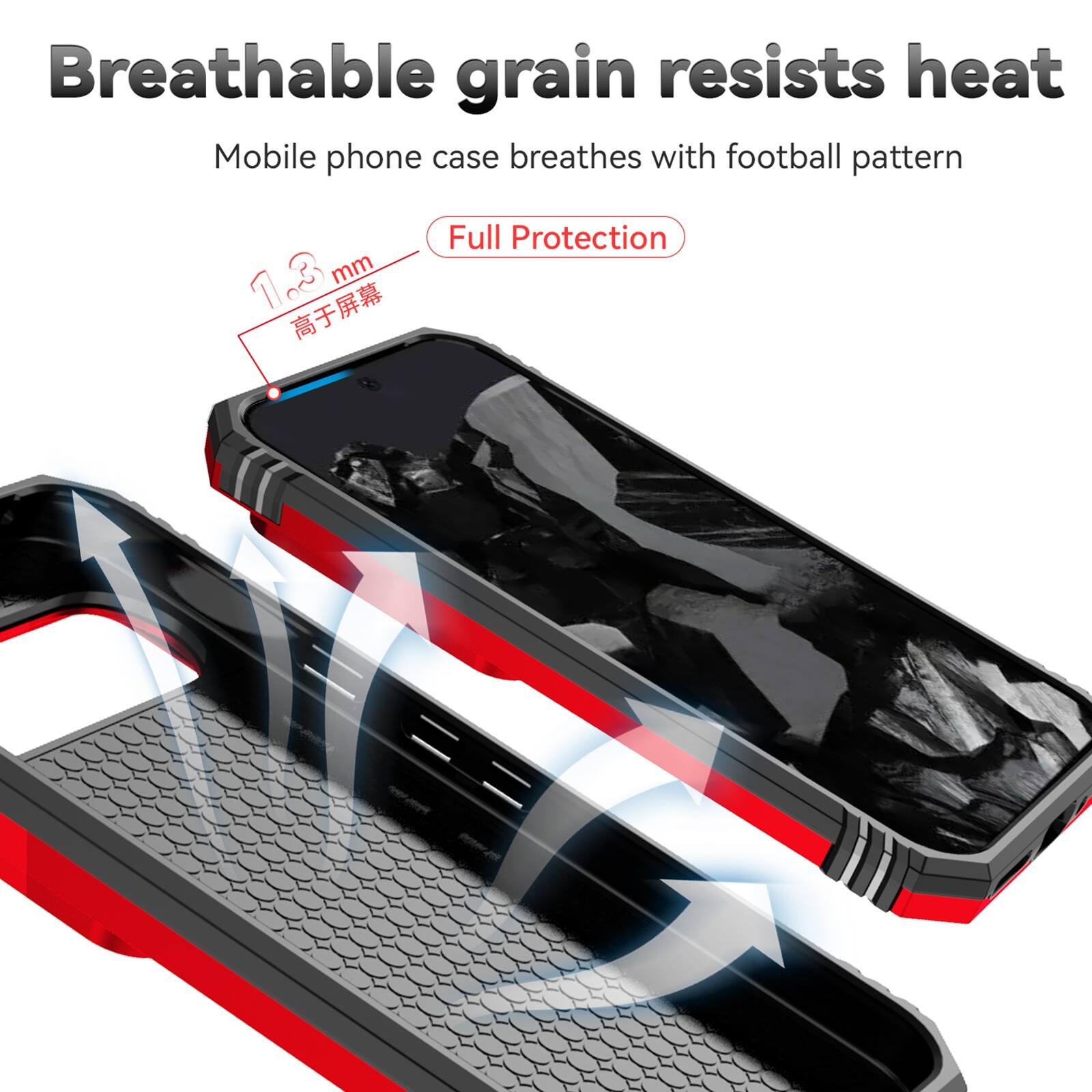 Breathable grain resists heat  
Mobile phone case breathes with football pattern  
Full Protection  
1.23 mm  
高于屏幕