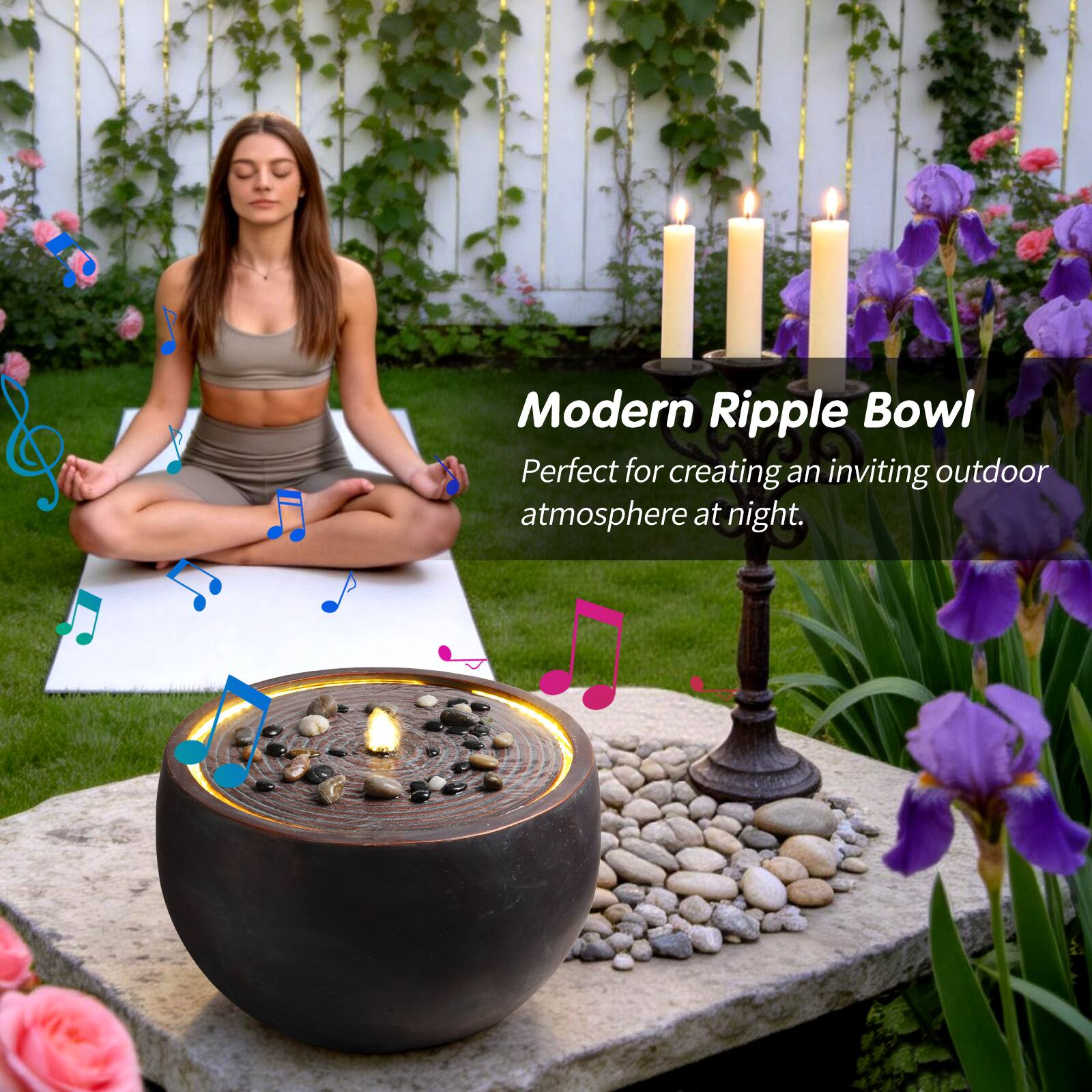 Modern Ripple Bowl  
Perfect for creating an inviting outdoor atmosphere at night.