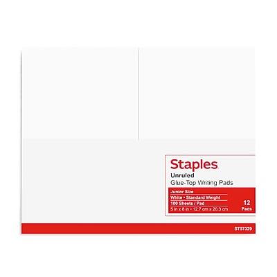 Staples  
Unruled Glue-Top Writing Pads  
Junior Size  
Standard Weight  
100 Sheets / Pad  
5 in x 8 in (12.7 cm x 20.3 cm)  
12 Pads  
ST57329