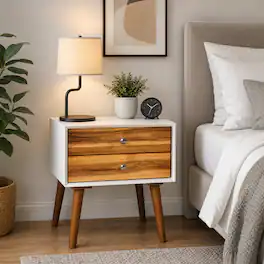 WELLFOR - Mid-Century Wooden Nightstand with 2 Storage Drawers - Brown