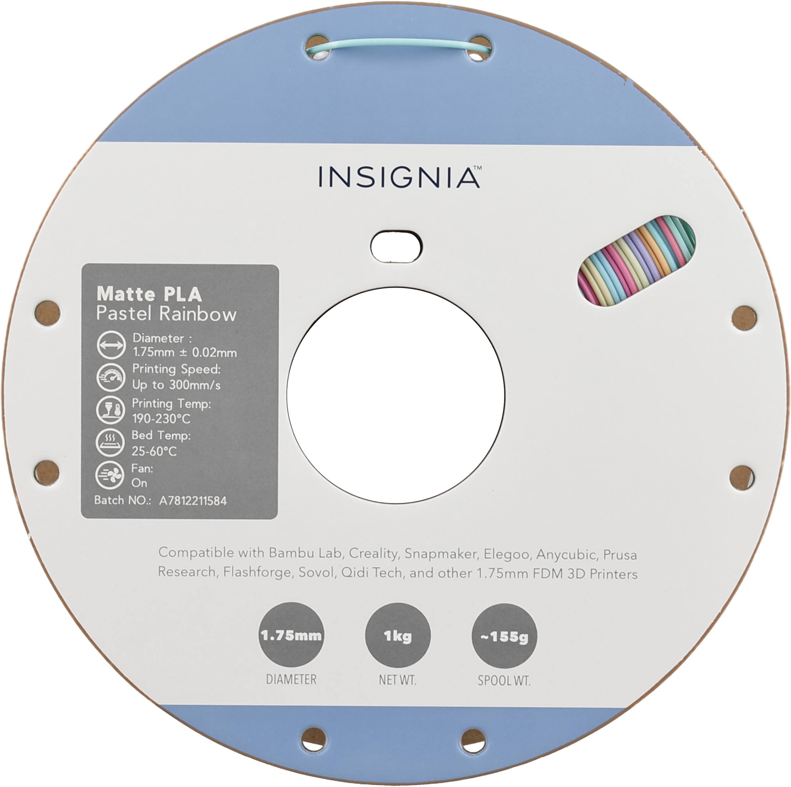 TM INSIGNIA Matte PLA Pastel Rainbow  
Diameter: 1.75mm ± 0.02mm  
Printing Speed: Up to 300mm/s  
Printing Temp: 190-230°C  
Bed Temp: 25-60°C  
Fan: On  
Batch NO: A7812211584  

Compatible with Bambu Lab, Creality, Snapmaker, Elegoo, Anycubic, Prusa Research, Flashforge, Sovol, Qidi Tech, and other 1.75mm FDM 3D Printers  

1.75mm  
DIAMETER  
NET WT. 1kg  
SPOOL WT. ~155g