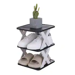 Unique Bargains - 3-Tier Plastic Shoe Rack, Vertical Stackable Folding Narrow Shelf for Closet Entryway Garage - White/Black