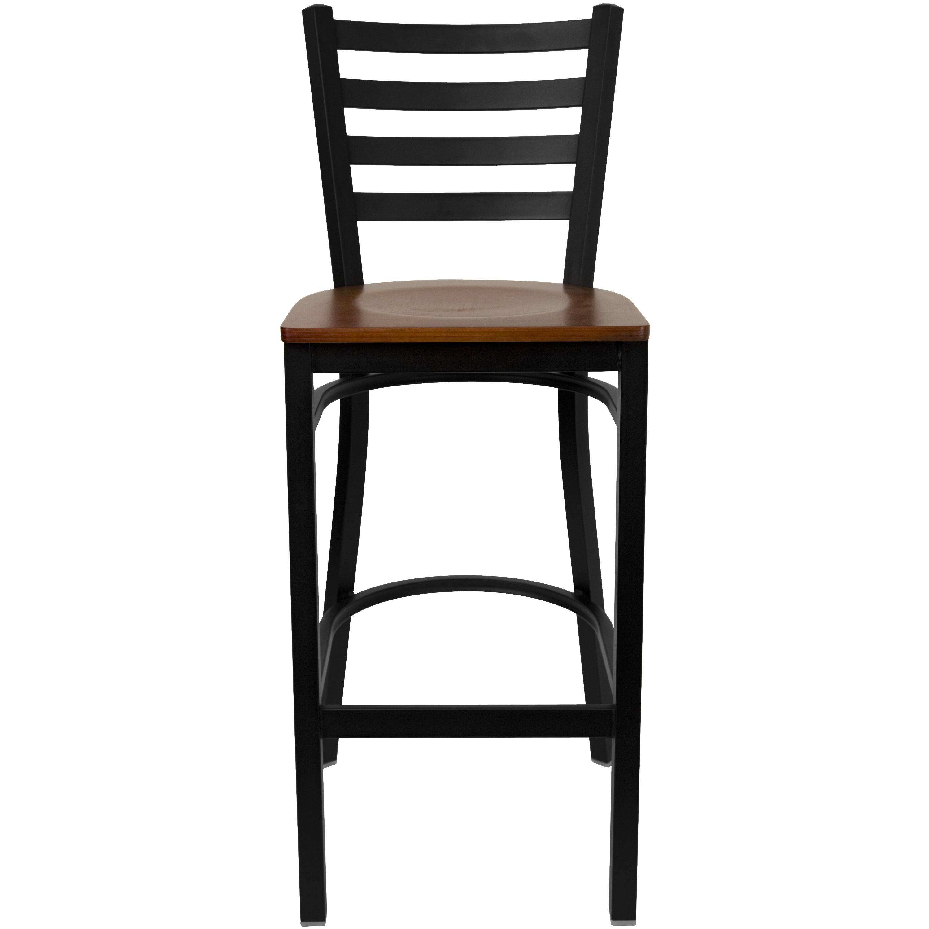 Alt View 8. Emma + Oliver - Ladder Back Metal Restaurant Dining Barstool - Cherry Wood Seat/Black Metal Frame.
