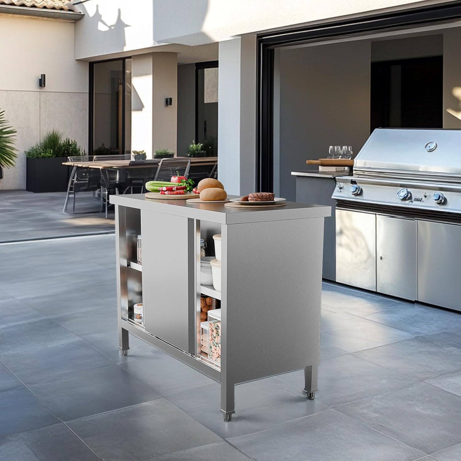 Alt View 5. Winado - Commercial Stainless Steel Prep Table Garage Work Table with 2-Tier Cabinet, Sliding Doors, Adjustable & Heightened Feet - Silver.
