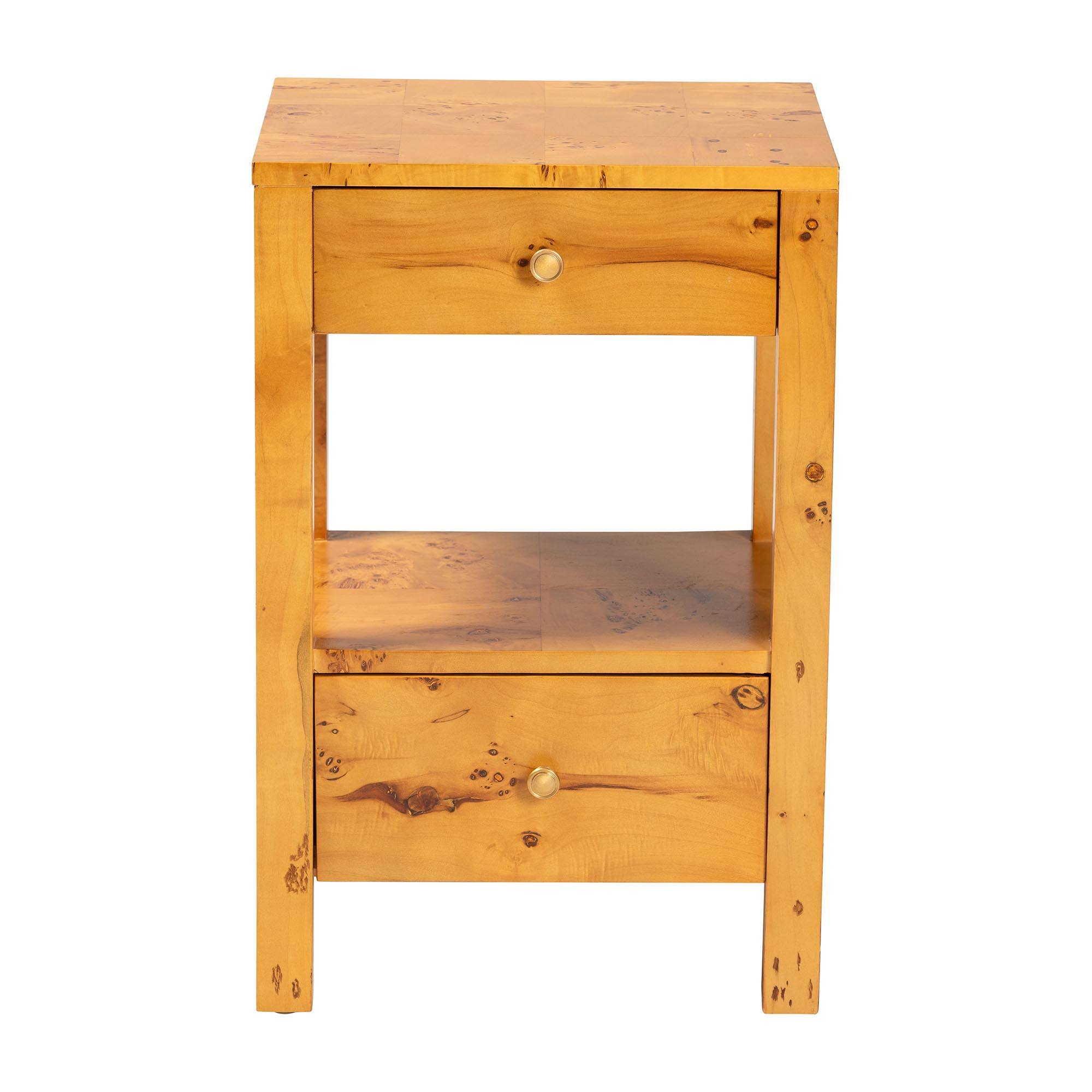 Left. bali & pari - Azmi Modern and Contemporary Natural Mappa Burl Wood 2-Drawer Nightstand - Light Mappa Burl.