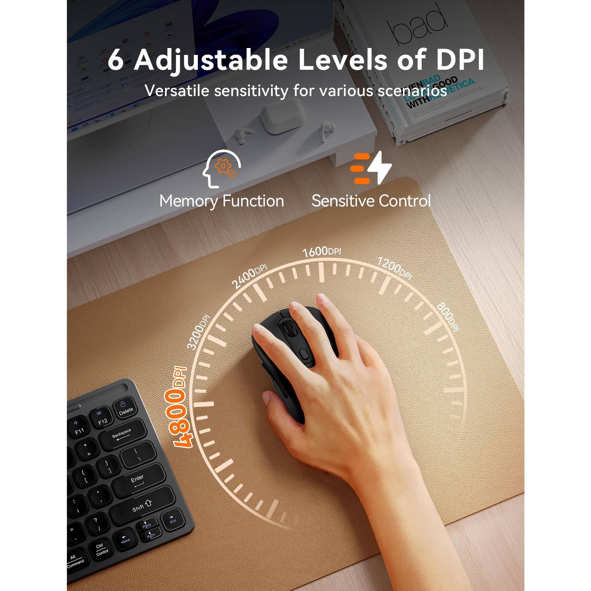 6 Adjustable Levels of DPI  
Versatile sensitivity for various scenarios  

Memory Function  
Sensitive Control  

DPI Levels:  
800 DPI  
1200 DPI  
1600 DPI  
2400 DPI  
3200 DPI  
4800 DPI