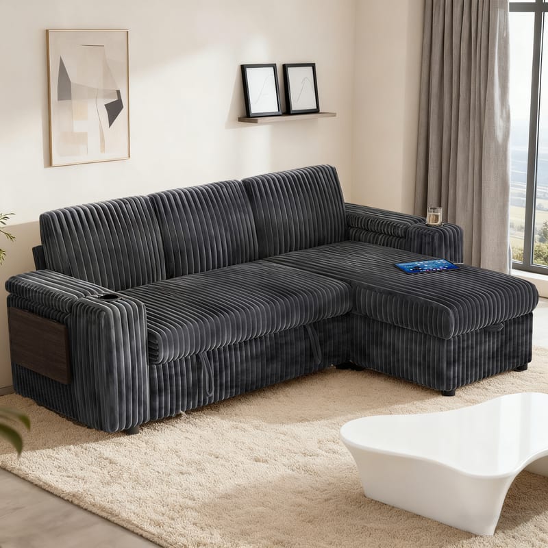Dyonery - 85" Modular Sectional Sofa with Pull Out Bed,Corduroy Fabric 3 Seat Sectional Sleeper Sofa with Storage,for Living Room - Gray
