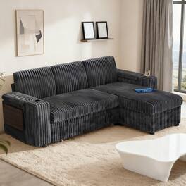 Dyonery - 85" Modular Sectional Sofa with Pull Out Bed,Corduroy Fabric 3 Seat Sectional Sleeper Sofa with Storage,for Living Room - Gray