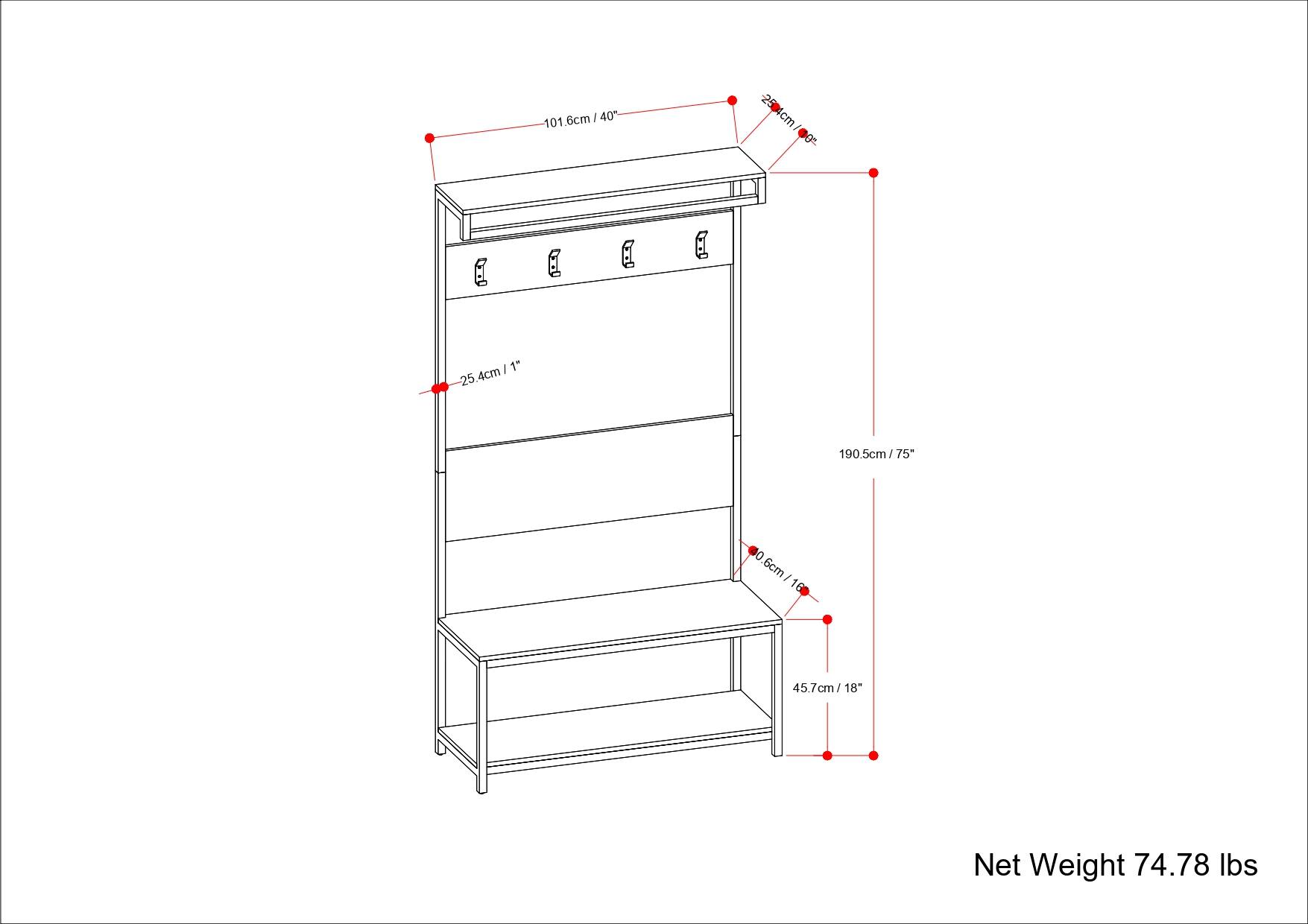 101.6cm / 40"  
25.4cm / 1"  
190.5cm / 75"  
45.7cm / 18"  
Net Weight 74.78 lbs