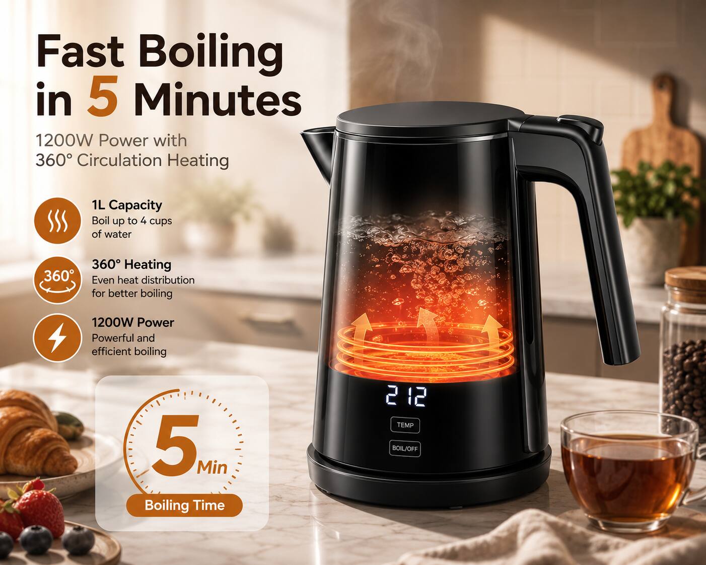 Fast Boiling in 5 Minutes  
1200W Power with 360° Circulation Heating  
1L Capacity: Boil up to 4 cups of water  
360° Heating: Even heat distribution for better boiling  
1200W Power: Powerful and efficient boiling  
5 Min Boiling Time  
2 12 TEMP BOIL/OFF