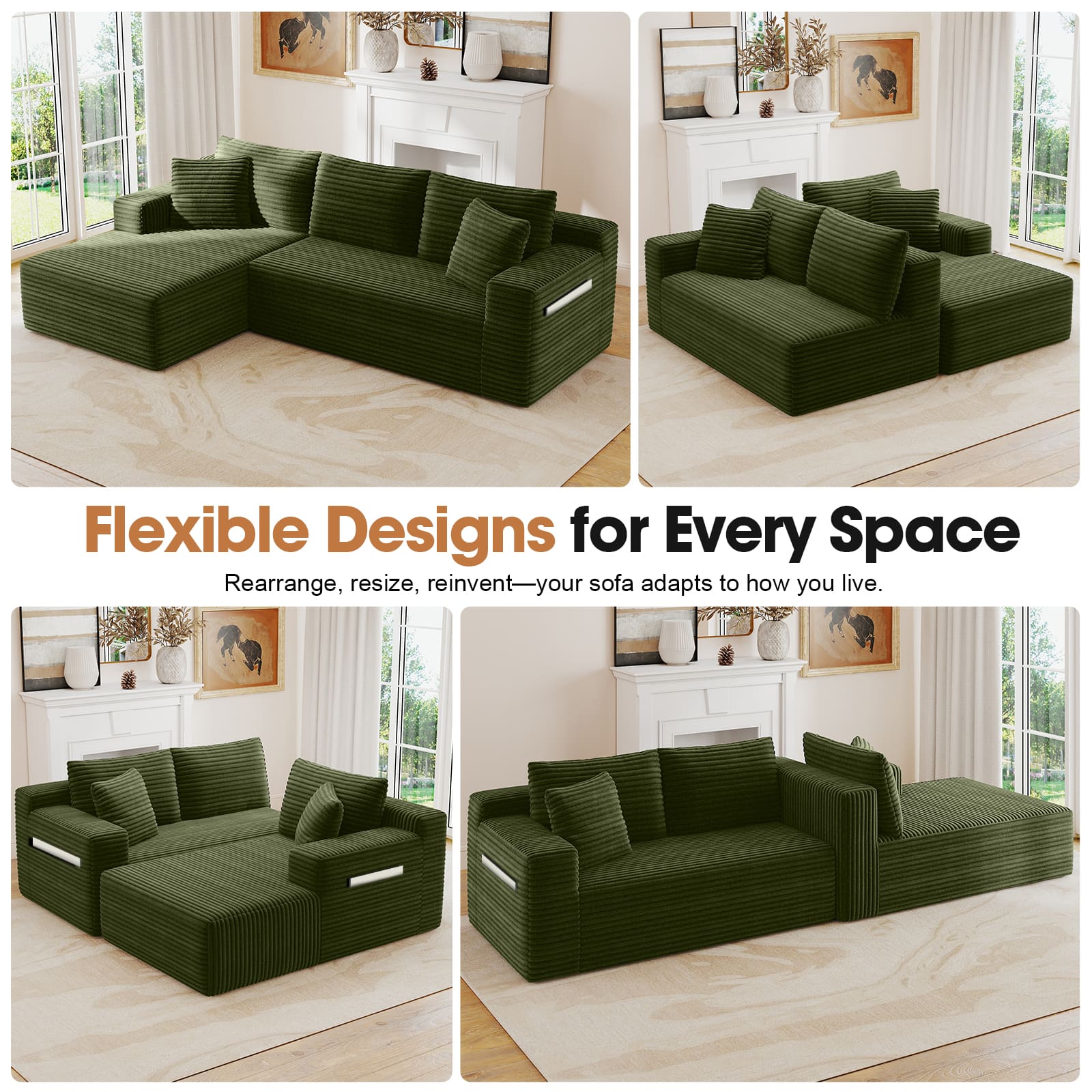 Anysun - 94.5" L-Shape Cloud Modular Sectional Sofa with Left Chaise-Deep-Seat Corner Couch, No Assembly for Living Room&Bedroom - Green