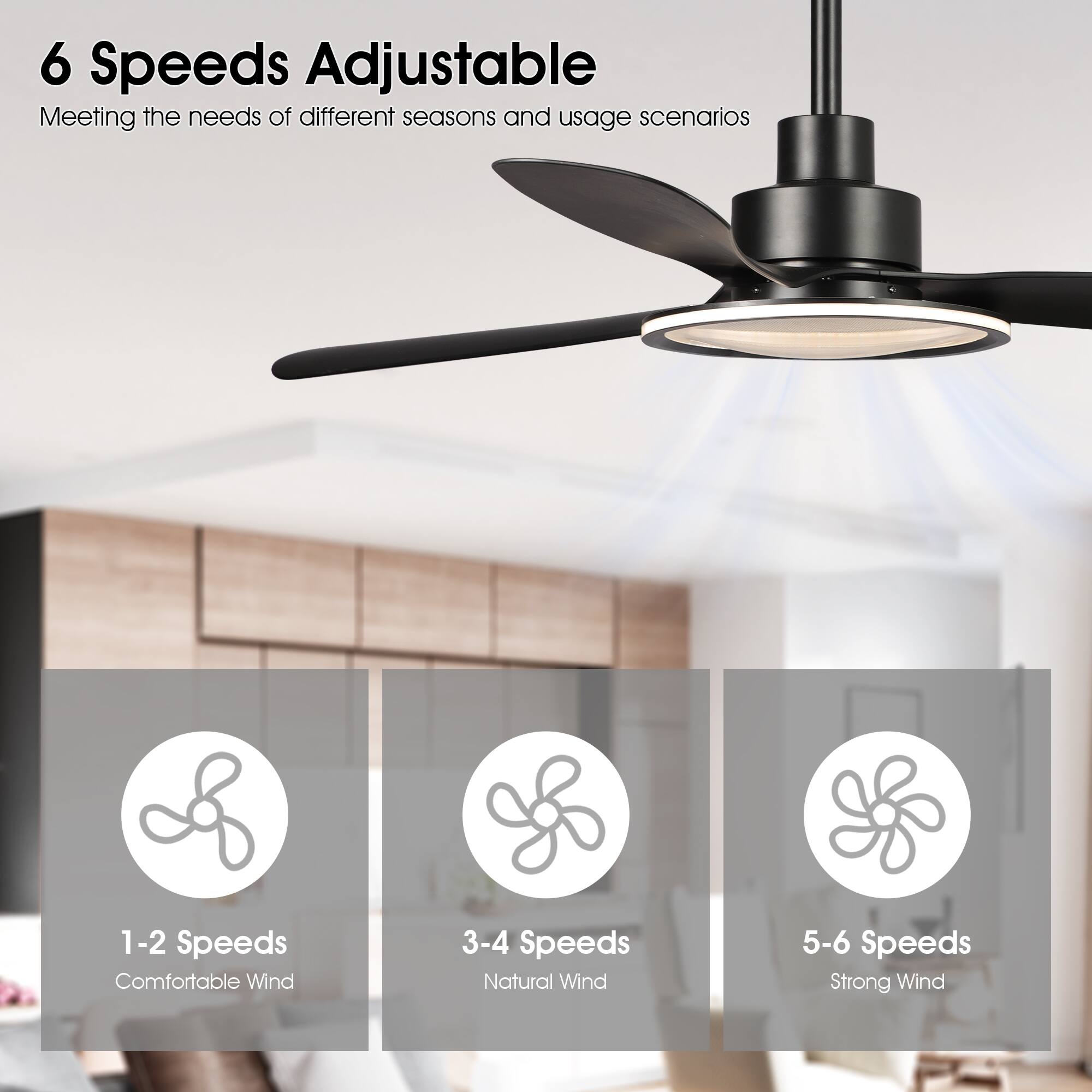 6 Speeds Adjustable  
Meeting the needs of different seasons and usage scenarios  

1-2 Speeds  
Comfortable Wind  

3-4 Speeds  
Natural Wind  

5-6 Speeds  
Strong Wind