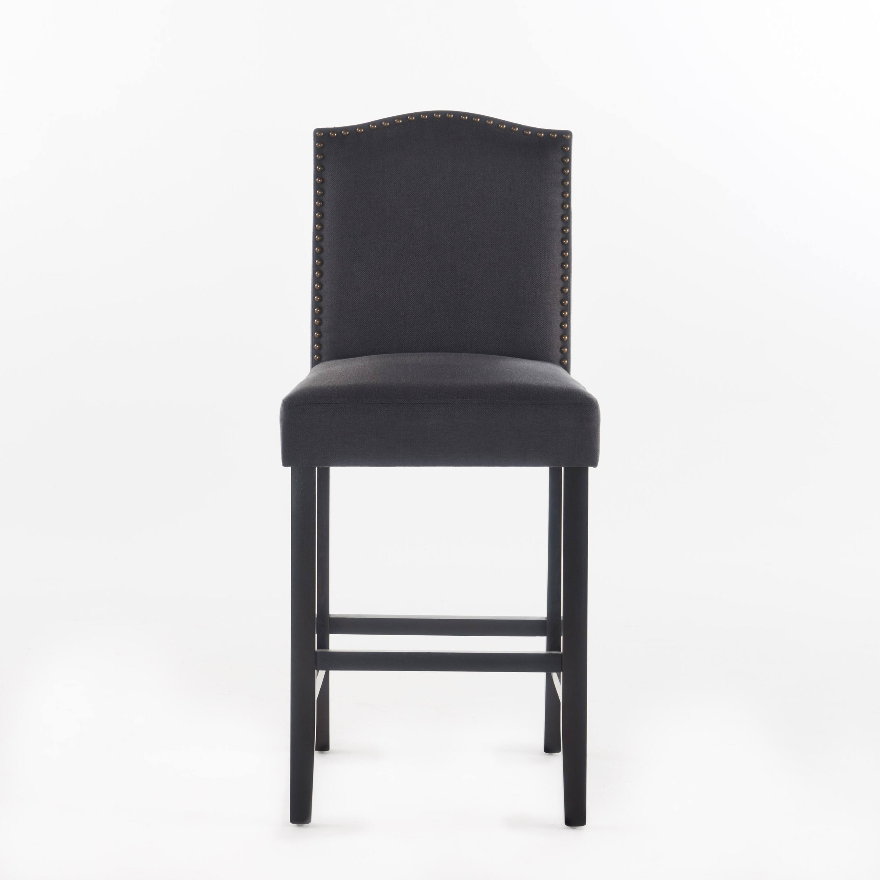 Back. Lirago - 19 Inch Counter Height Barstools Set of 2 Upholstered Fabric Walnut Finish Nailhead Trim - Grey.