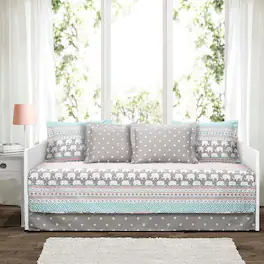 Hivvago - Lightweight 6 Piece Elephant Pattern Daybed Cover Quilt Set - Turquoise Pink Grey