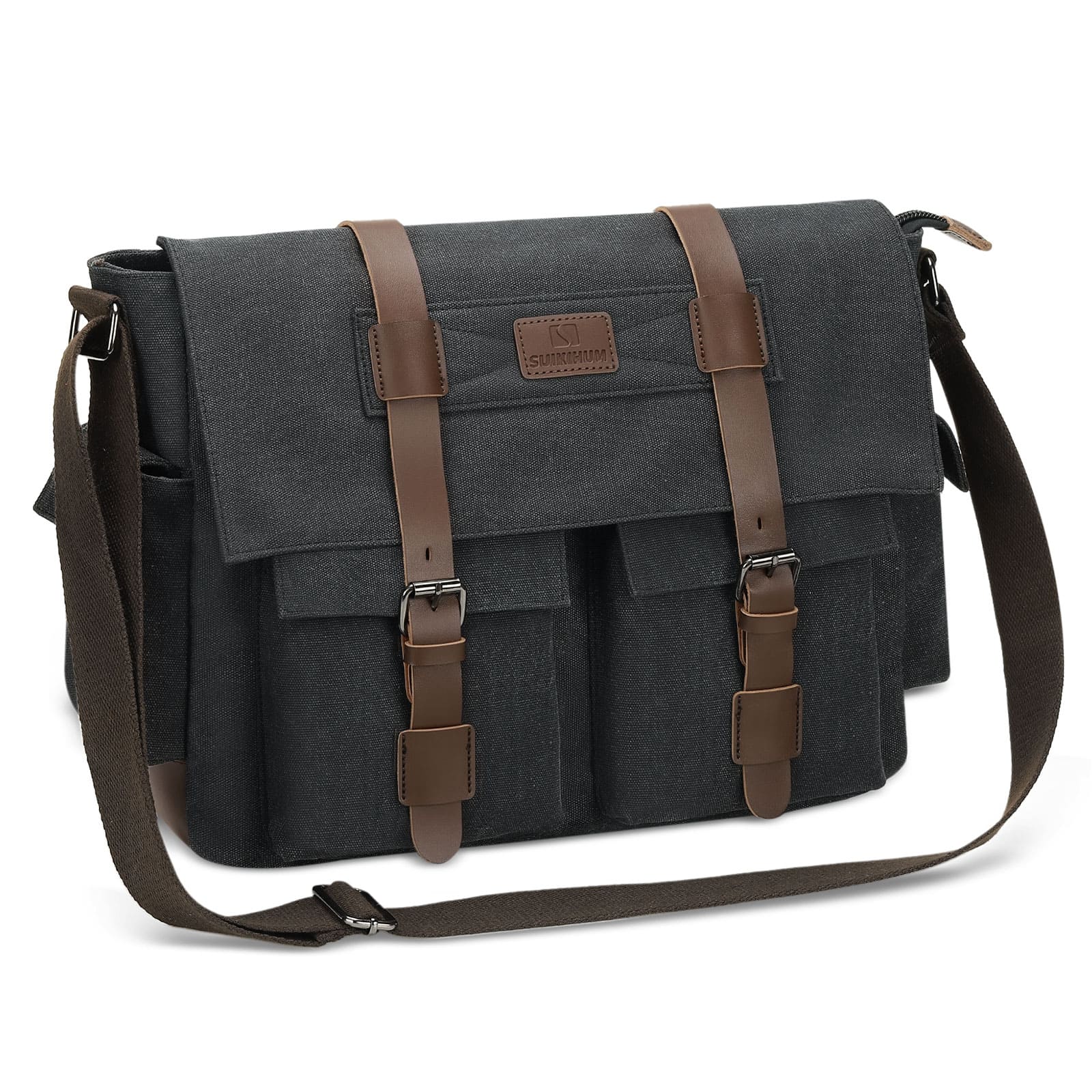 Unique Bargains - Canvas Crossbody Bag for Men and Women, Vintage Shoulder Bag, Multiple Pockets, Fits 13" Laptops - Black