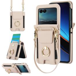 Dteck - For Motorola Razr Ultra (2025) Shockproof Leather Ring Kickstand Protective Wallet Case with Shoulder Strap / Lanyard - White