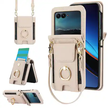 Front. Dteck - For Motorola Razr (2025) Shockproof Leather Ring Kickstand Protective Wallet Case with Shoulder Strap / Lanyard - White.