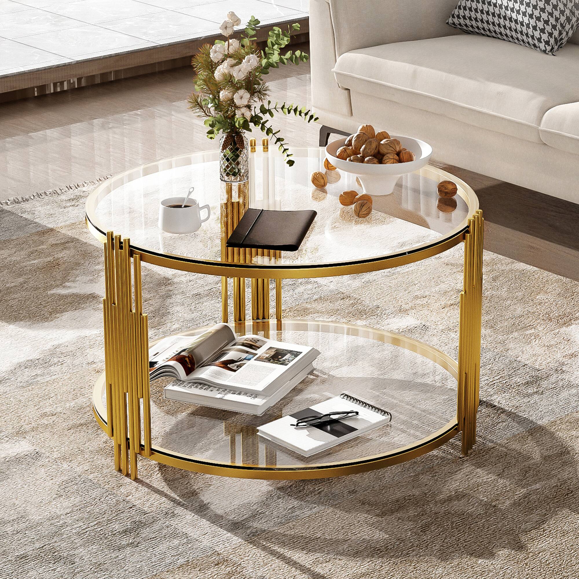 Back. GOODSILO - Contemporary Glass Coffee Table with Asymmetrical Metal Base and Lower Shelf - Transparent.