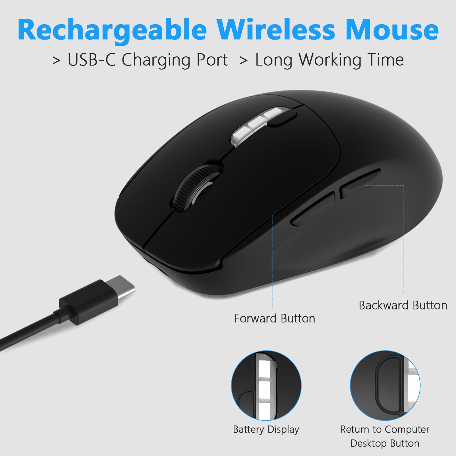 Rechargeable Wireless Mouse  
> USB-C Charging Port  
> Long Working Time  

Forward Button  
Backward Button  
Battery Display  
Return to Computer Desktop Button