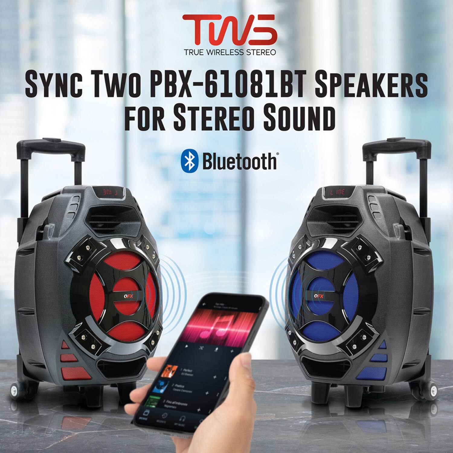 TWS TRUE WIRELESS STEREO SYNC TWO PBX-61081BT SPEAKERS FOR STEREO SOUND Bluetooth