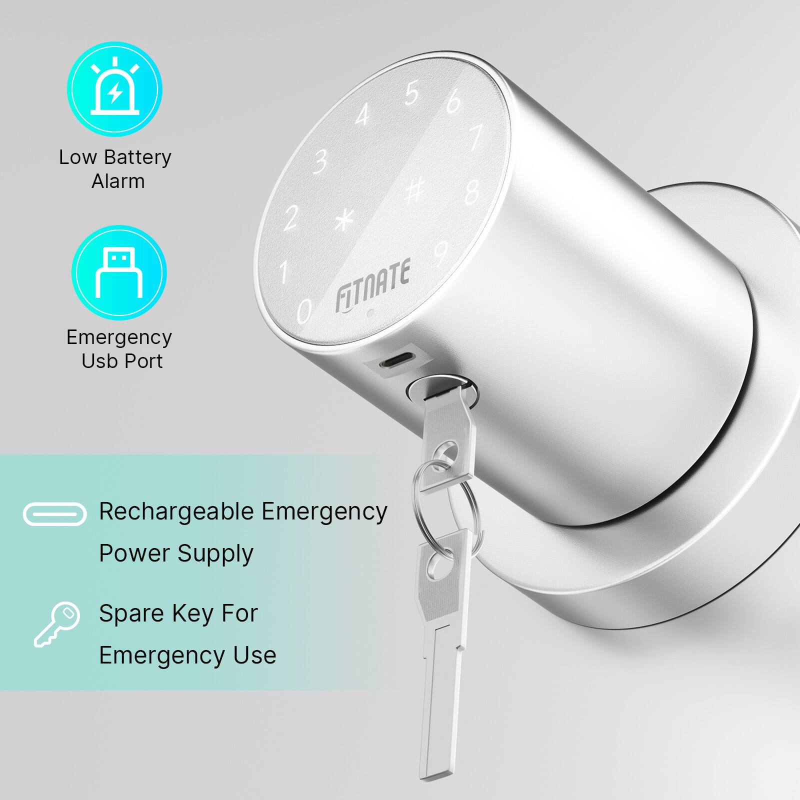 Low Battery Alarm, Emergency Usb Port, 5 6 4 1 3 # 8 2 * 9 1 0 FITNATE, Rechargeable Emergency Power Supply, Spare Key For Emergency Use