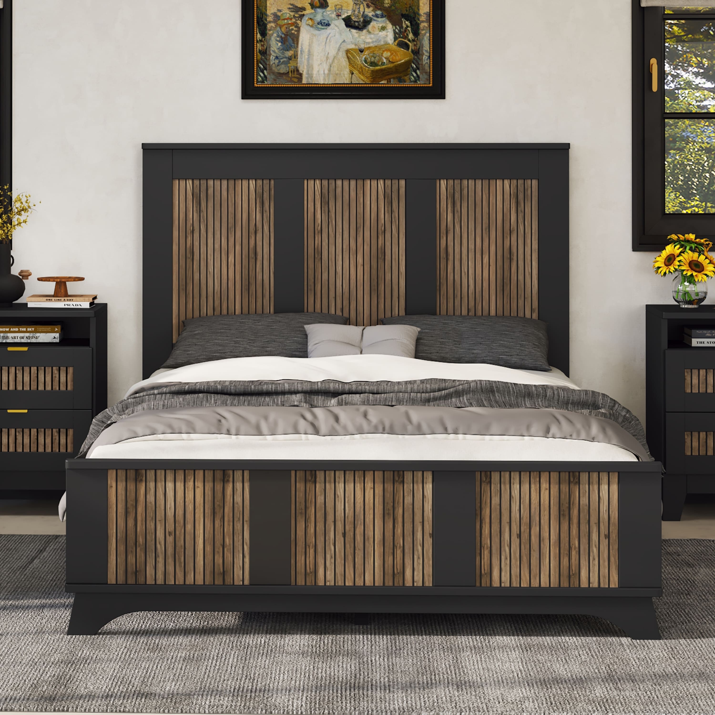 Tiramisubest - Wooden Platform Full Size Bed, Modern Platform Bed with Wooden Strip Stickers Decoration, Plywood Slats Support, Black - Black