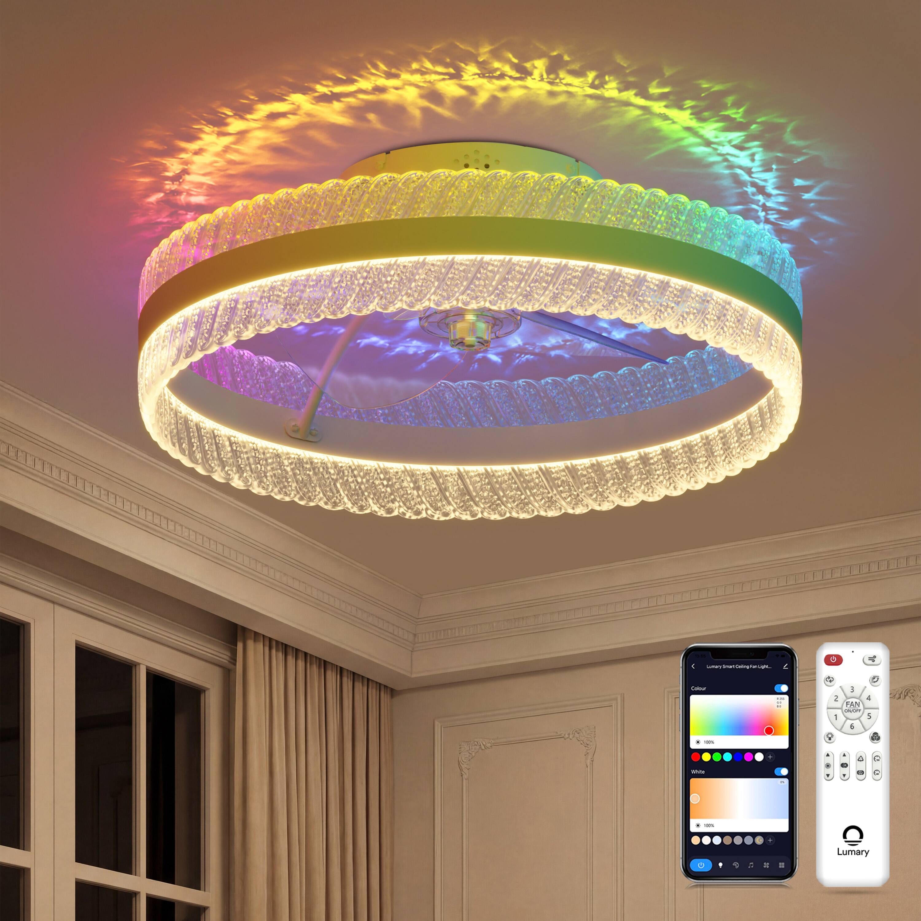 Angle. Lumary - 20" Smart Ceiling Fan Light, RGBAI Rainbow Flow Light with Feather Projection, Flush & Downrod Mount - Clear.