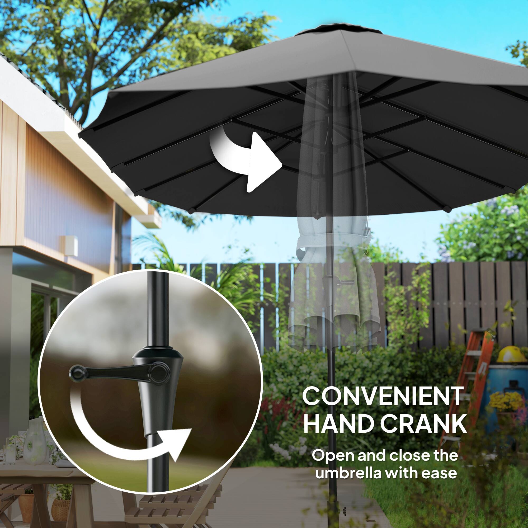 CONVENIENT HAND CRANK
Open and close the umbrella with ease