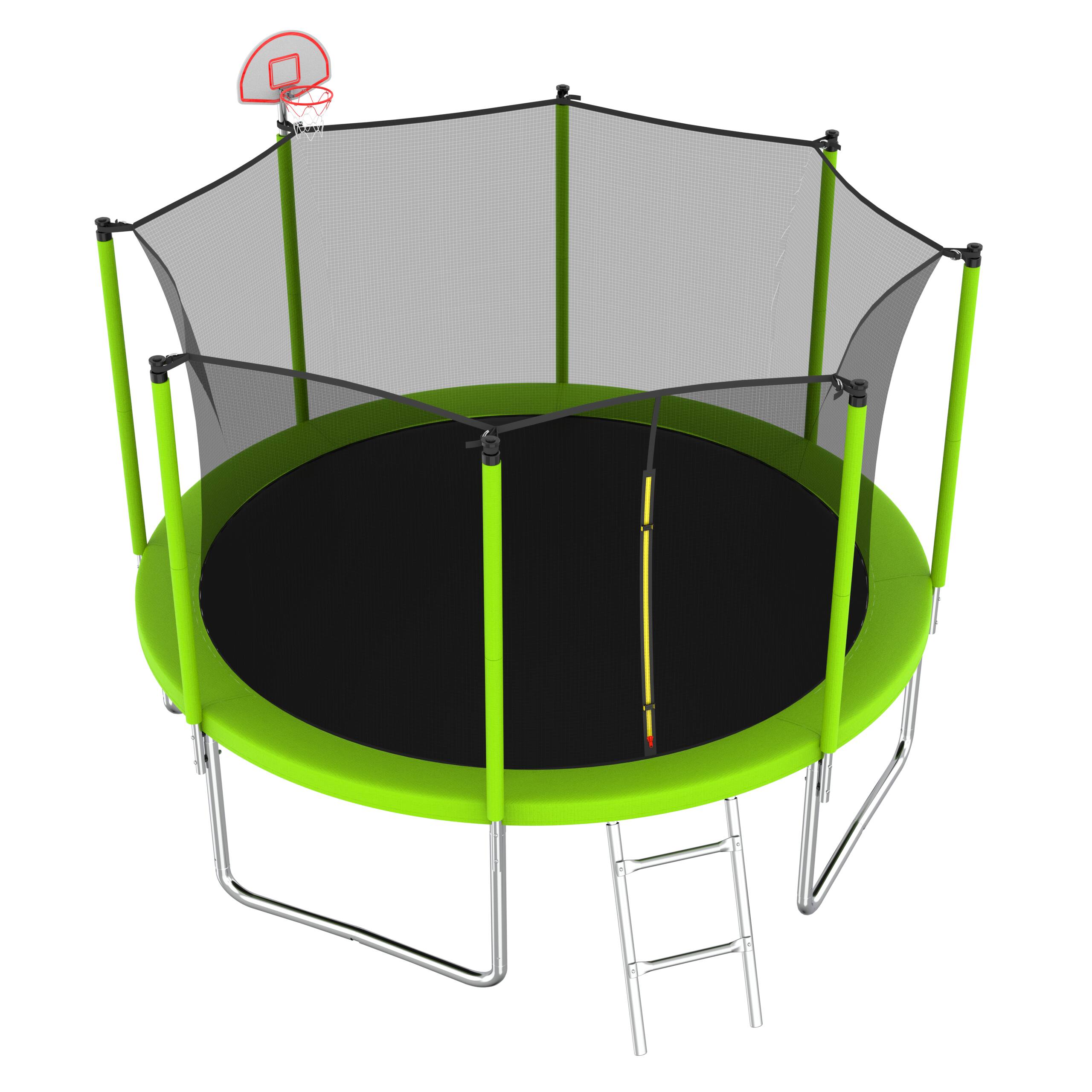 Left. Anysun - 12FT Green Trampoline for Kids & Adults - Includes Basketball Hoop & Ball, Safety Enclosure for Backyard Outdoor.