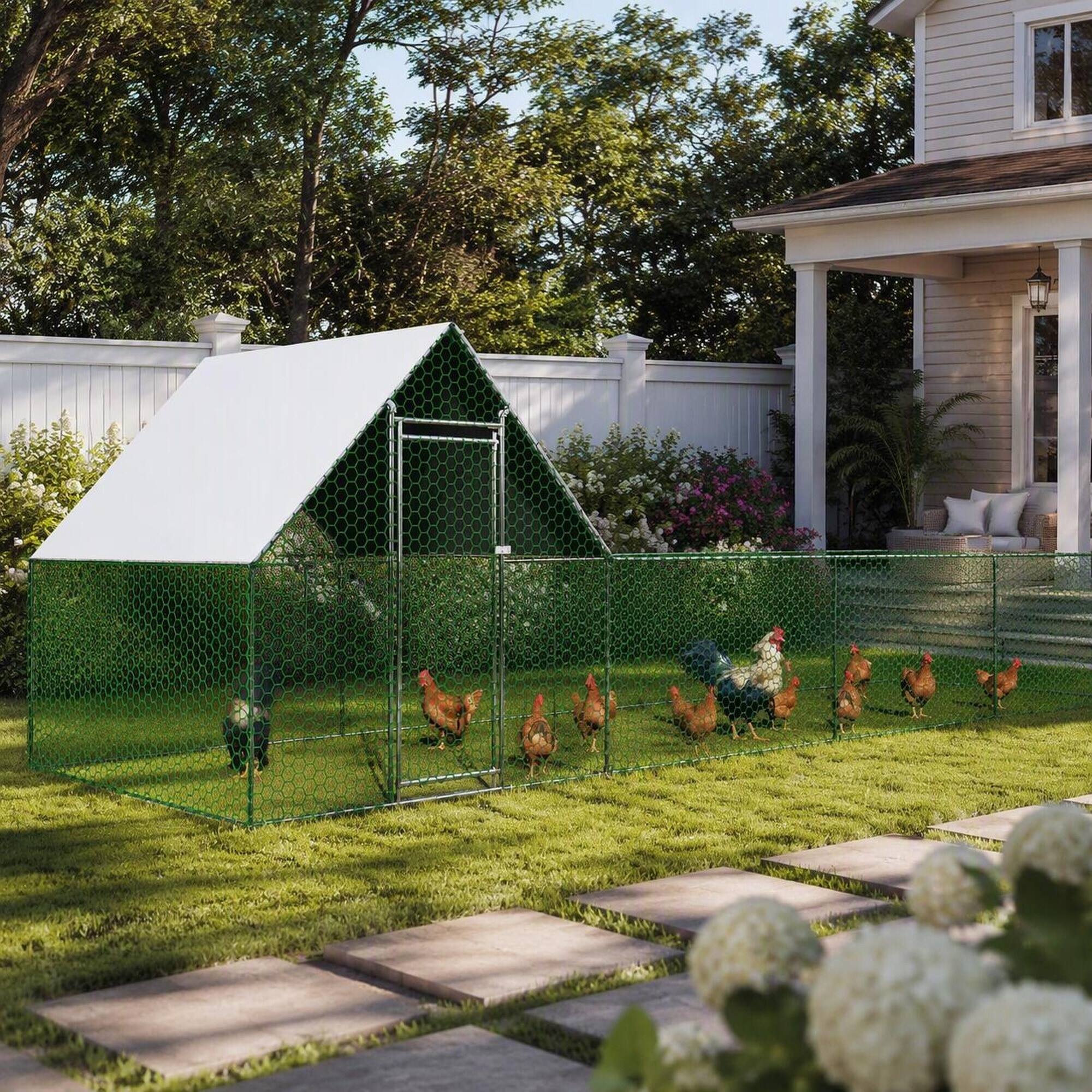 Left. RYHNUYNE - Large Metal Chicken Coop, 26' L x 6.7' W x 6.6' H Walk-in Chicken Run, Galvanized Wire Poultry Pen.