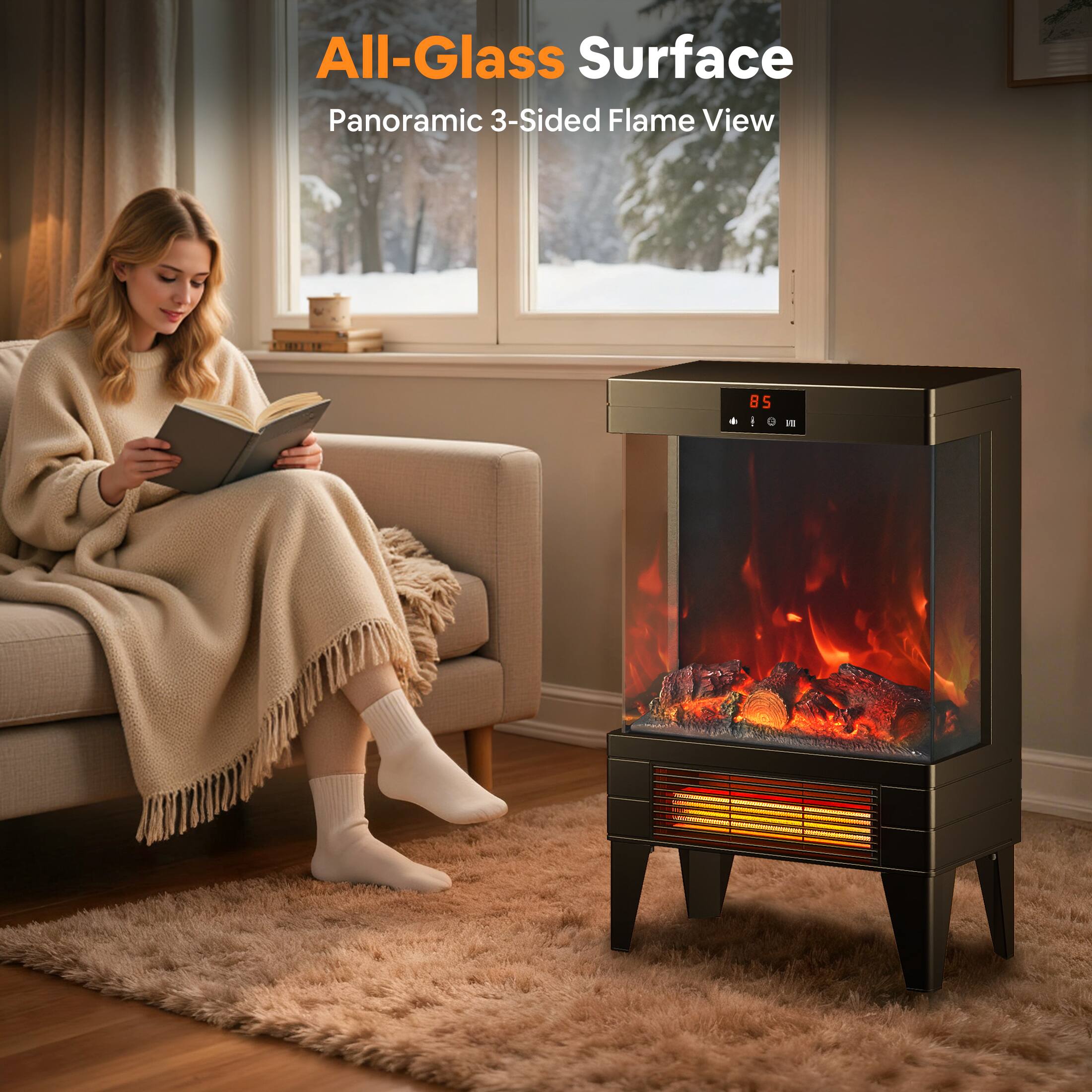 All-Glass Surface  
Panoramic 3-Sided Flame View