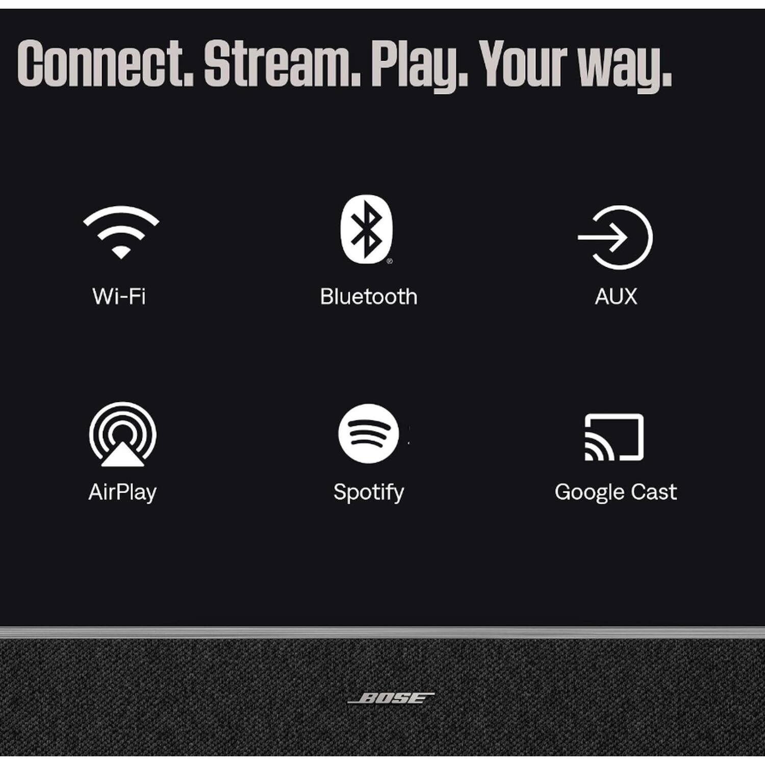 Connect. Stream. Play. Your way.

Wi-Fi  
Bluetooth  
AUX  
AirPlay  
Spotify  
Google Cast  

BOSE