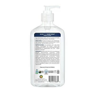 **ECOS PRO HAND SOAP FREE & CLEAR**

**Our Hand Soap and Cleanser is gentle on hands and the environment.**

**DIRECTIONS:**
Pump a small amount into palm. Rub hands together. Rinse with water. Repeat as needed.

**INSTRUCTIONS:**
Use a small amount of soap on hands. Rub hands together. Rinse with water. Repeat as needed.

**INGREDIENTS:**
Water (Aqua), Sodium Lauryl Sulfoacetate, Sodium Cocoyl Isethionate, Sodium Lauryl Sulfoacetate, Sodium Cocoyl Isethionate, Sodium Lauryl Sulfoacetate, Sodium Cocoyl Isethionate, Sodium Lauryl Sulfoacetate, Sodium Cocoyl Isethionate, Sodium Lauryl Sulfoacetate, Sodium Cocoyl Isethionate, Sodium Lauryl Sulfoacetate, Sodium Cocoyl Isethionate, Sodium Lauryl Sulfoacetate, Sodium Cocoyl Isethionate, Sodium Lauryl Sulfoacetate, Sodium Cocoyl Isethionate, Sodium Lauryl Sulfoacetate, Sodium Cocoyl Isethionate, Sodium Laury