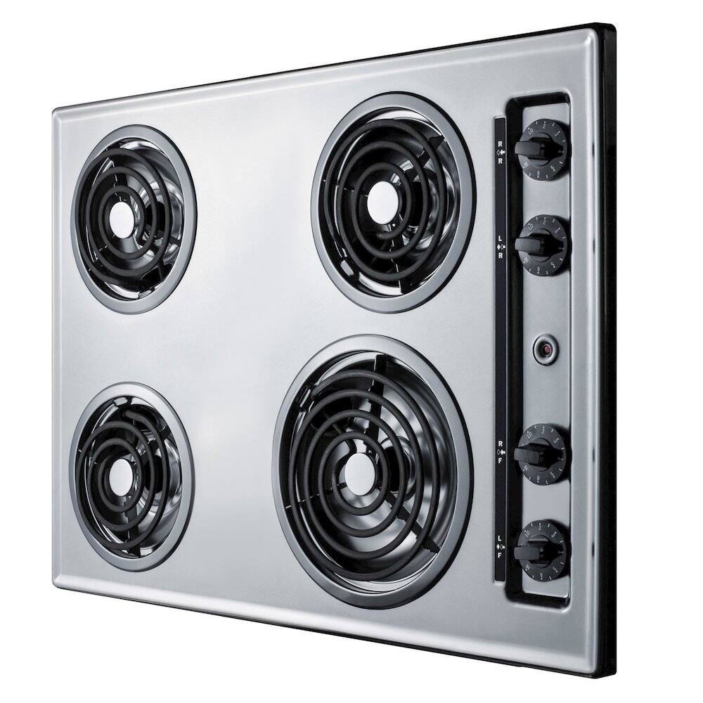 Angle. SUMMIT - 30" Wide 230V 4-Burner Coil Cooktop - Silver.