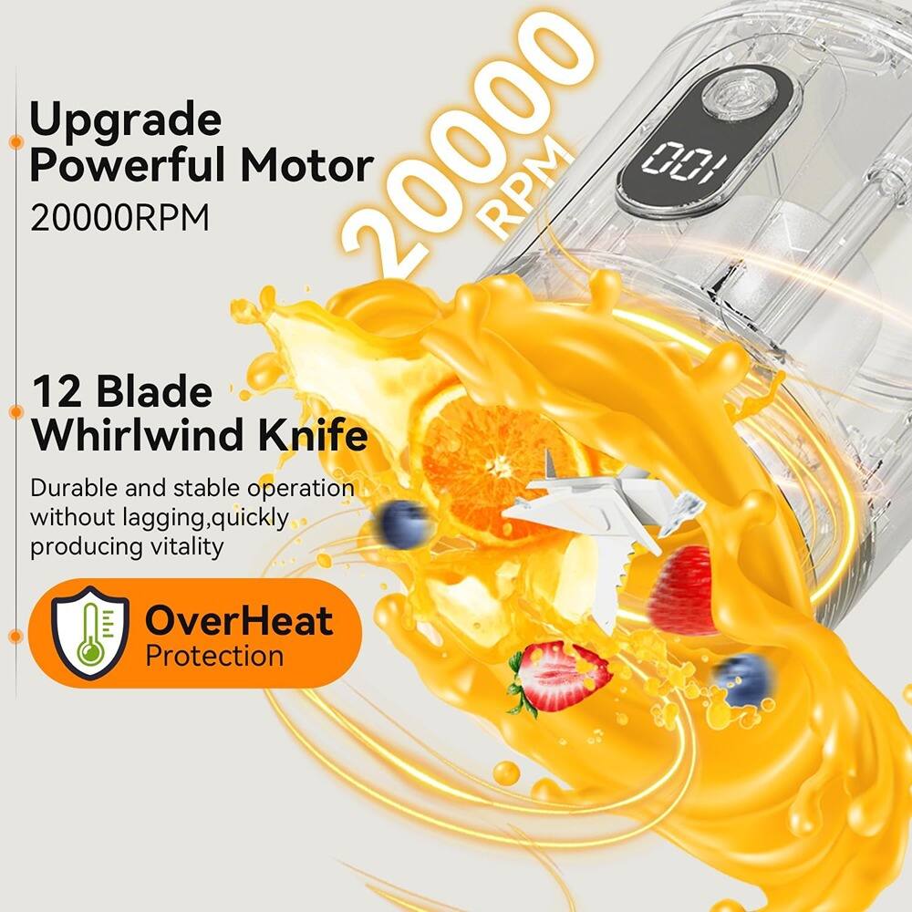 Upgrade  
Powerful Motor  
20000RPM  

12 Blade Whirlwind Knife  

Durable and stable operation without lagging, quickly producing vitality  

OverHeat Protection