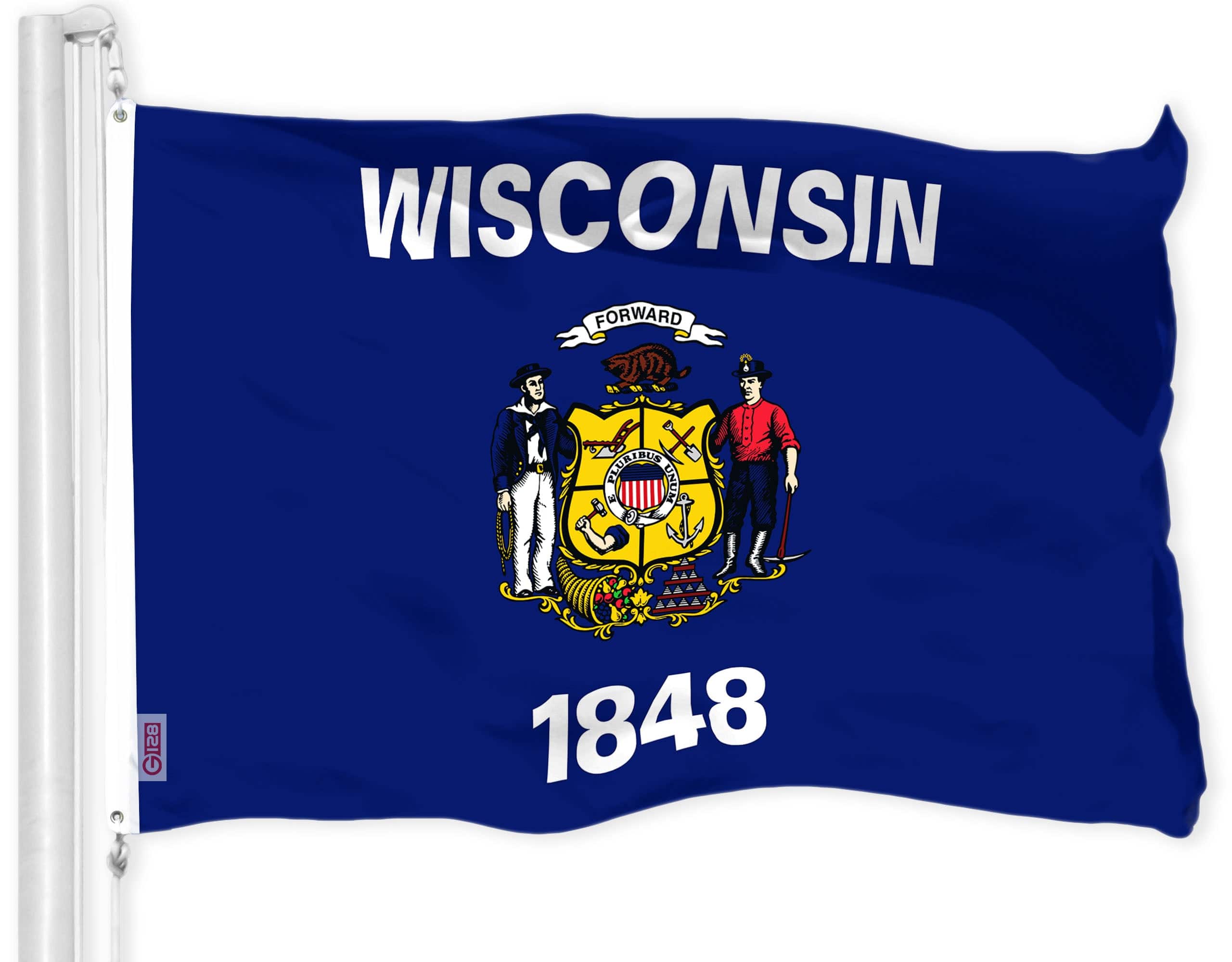 G128 - Wisconsin State Flag - 3x5 Ft Printed 300D Polyester, Indoor/Outdoor, Brass Grommets - Assorted Colors